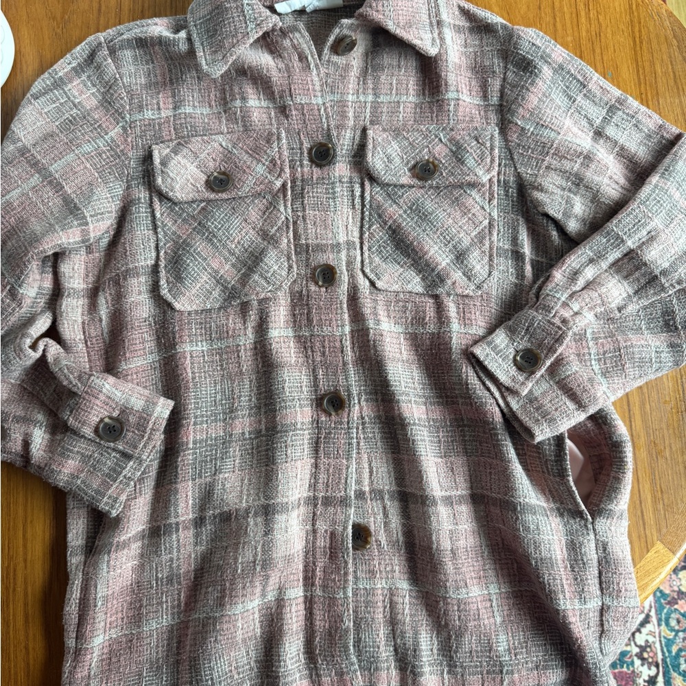 BB Dakota Pink and Gray Plaid Button Shacket